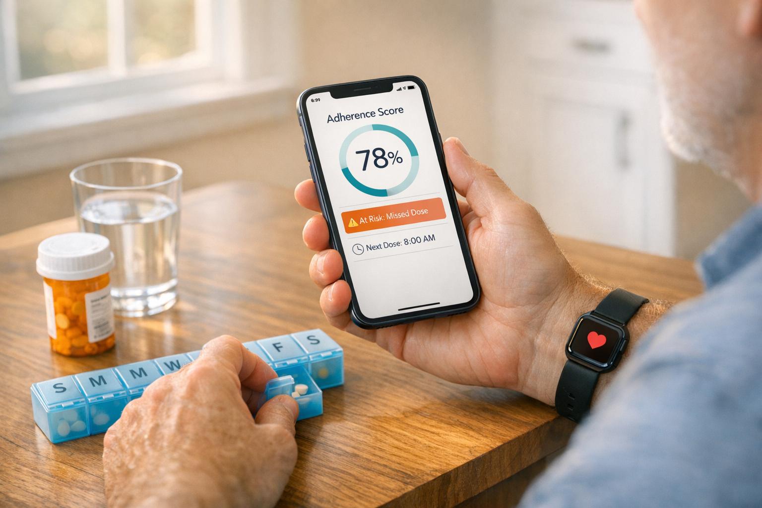 Nurse using patient engagement software to support an older patient and caregiver with compassionate, HIPAA-compliant care.