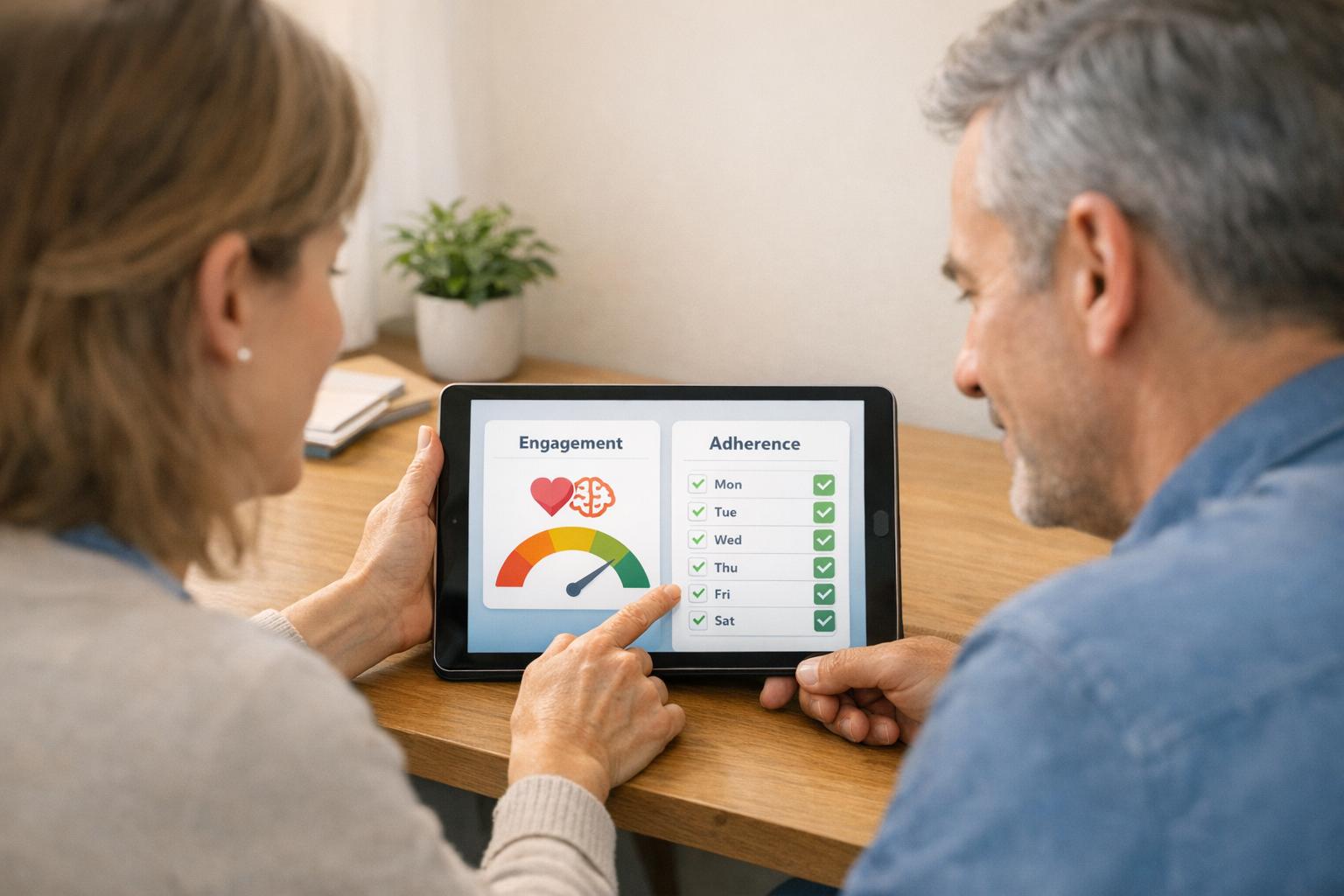 Nurse using patient engagement software to support an older patient and caregiver with compassionate, HIPAA-compliant care.