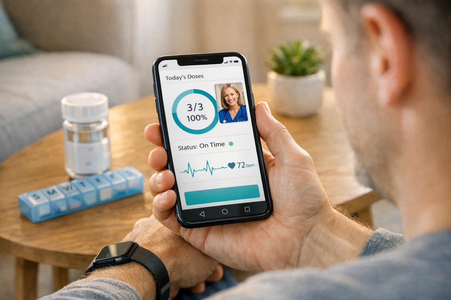 Nurse using patient engagement software to support an older patient and caregiver with compassionate, HIPAA-compliant care.