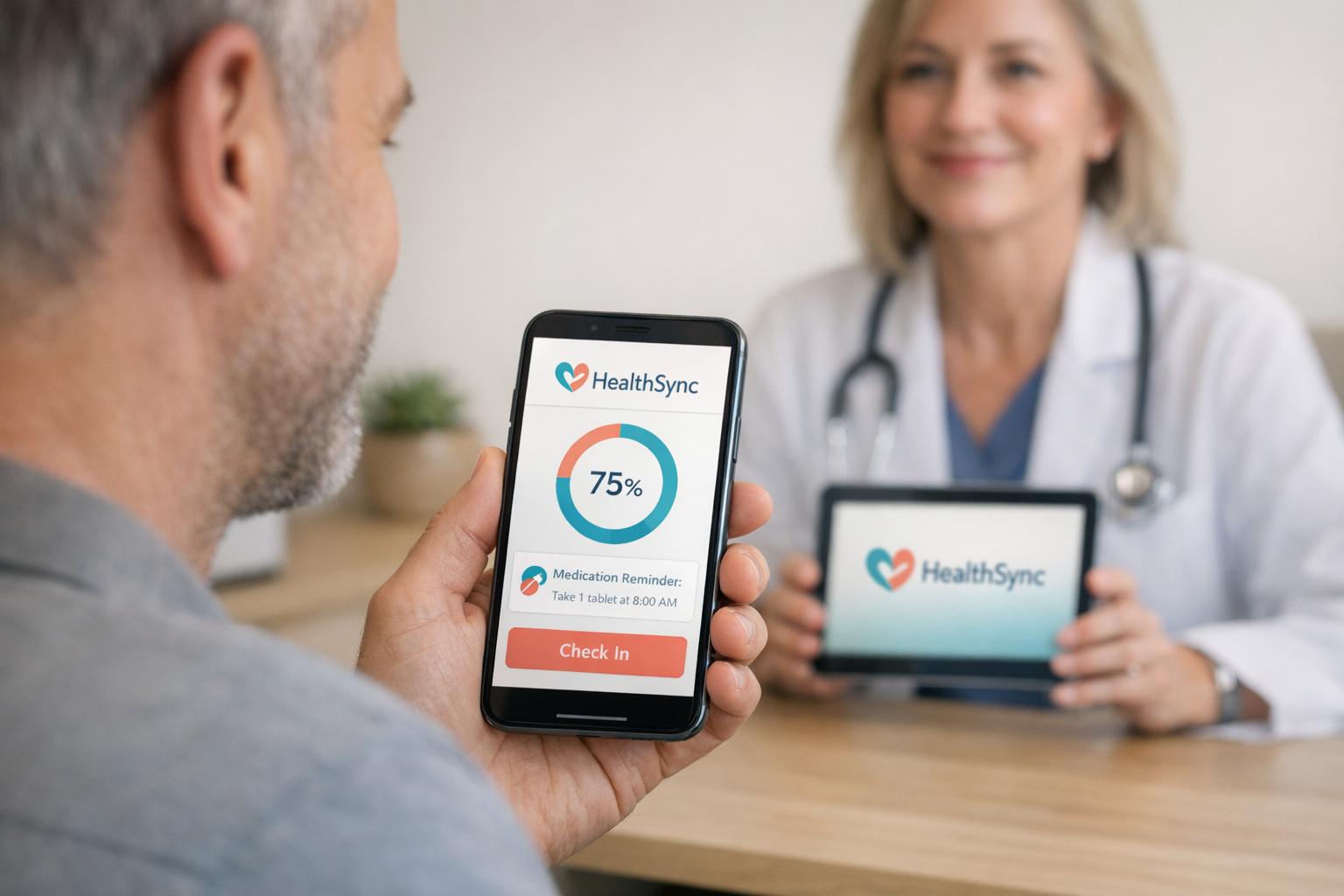 Nurse using patient engagement software to support an older patient and caregiver with compassionate, HIPAA-compliant care.