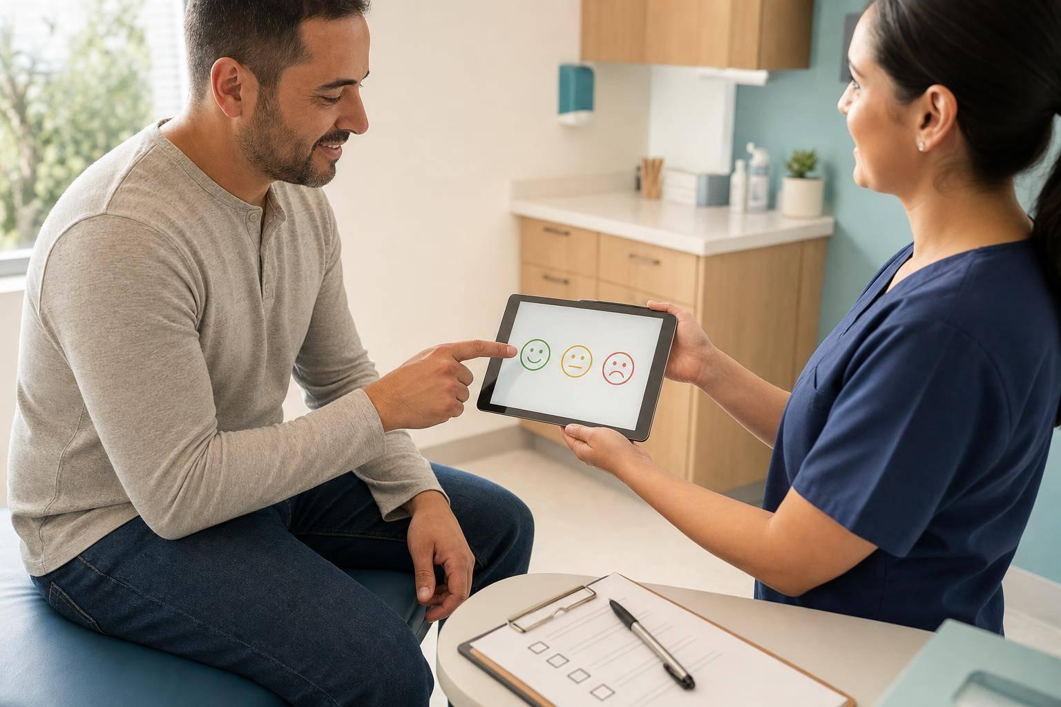 Nurse using patient engagement software to support an older patient and caregiver with compassionate, HIPAA-compliant care.