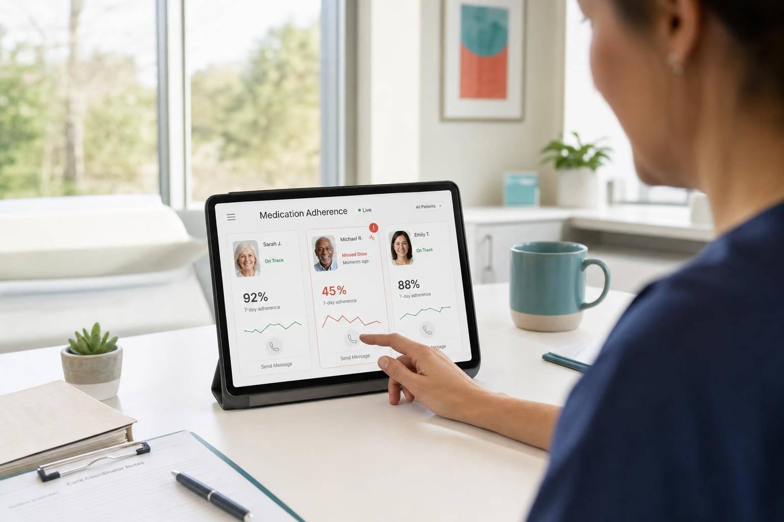 Nurse using patient engagement software to support an older patient and caregiver with compassionate, HIPAA-compliant care.