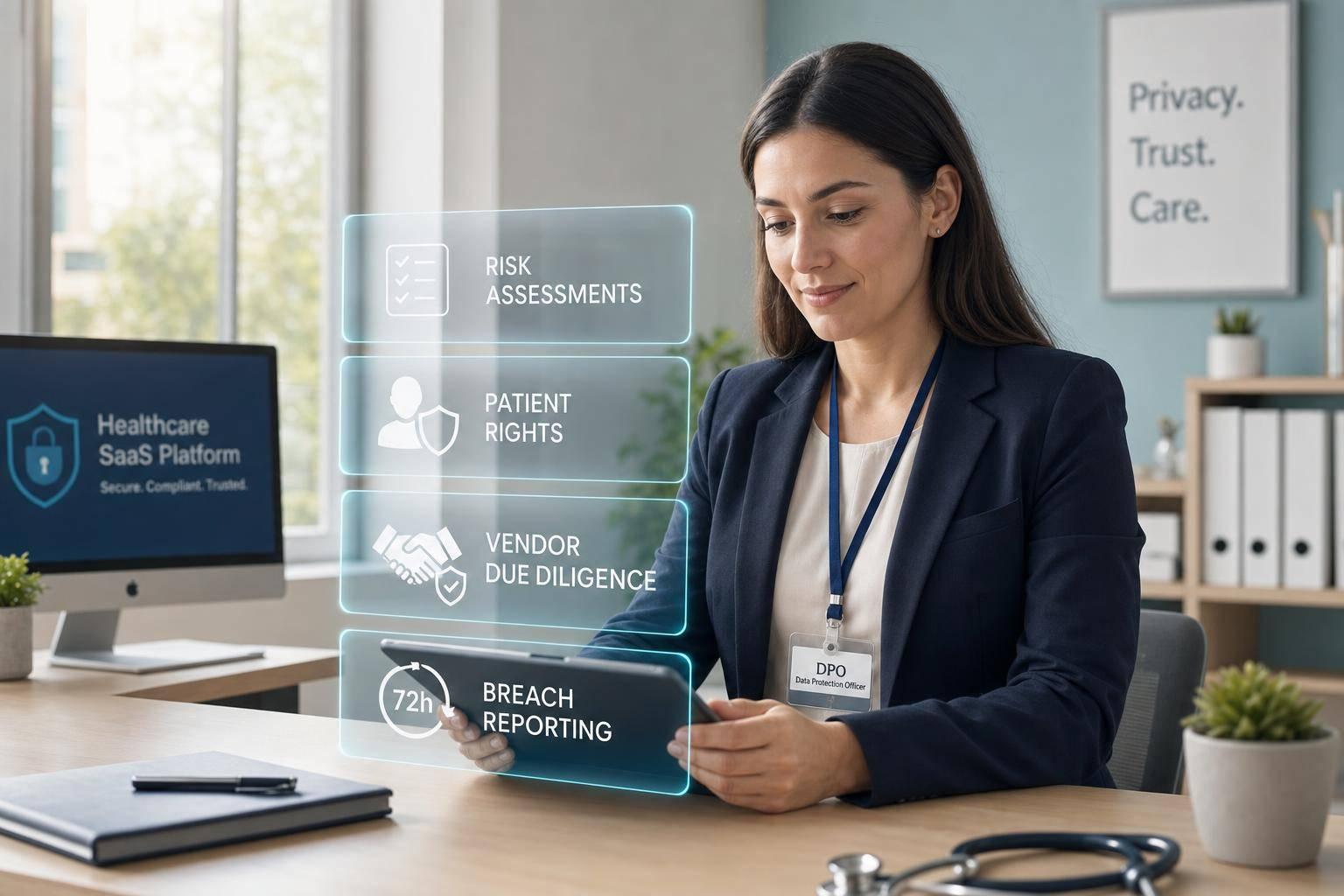 Nurse using patient engagement software to support an older patient and caregiver with compassionate, HIPAA-compliant care.