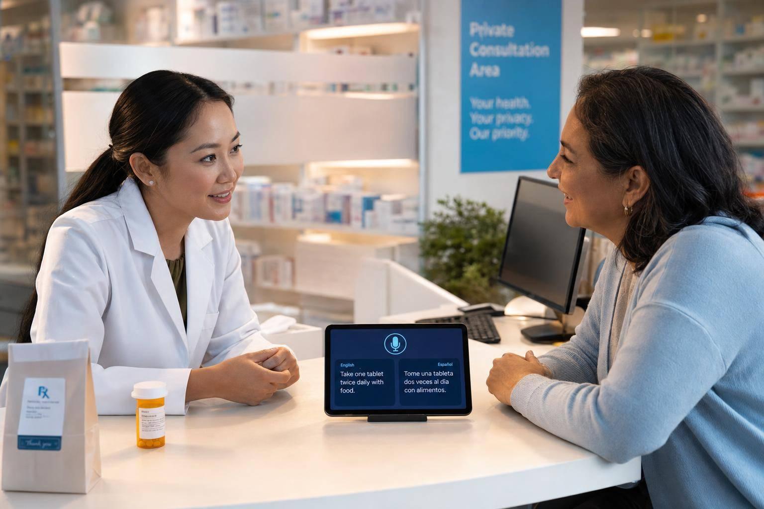 Nurse using patient engagement software to support an older patient and caregiver with compassionate, HIPAA-compliant care.