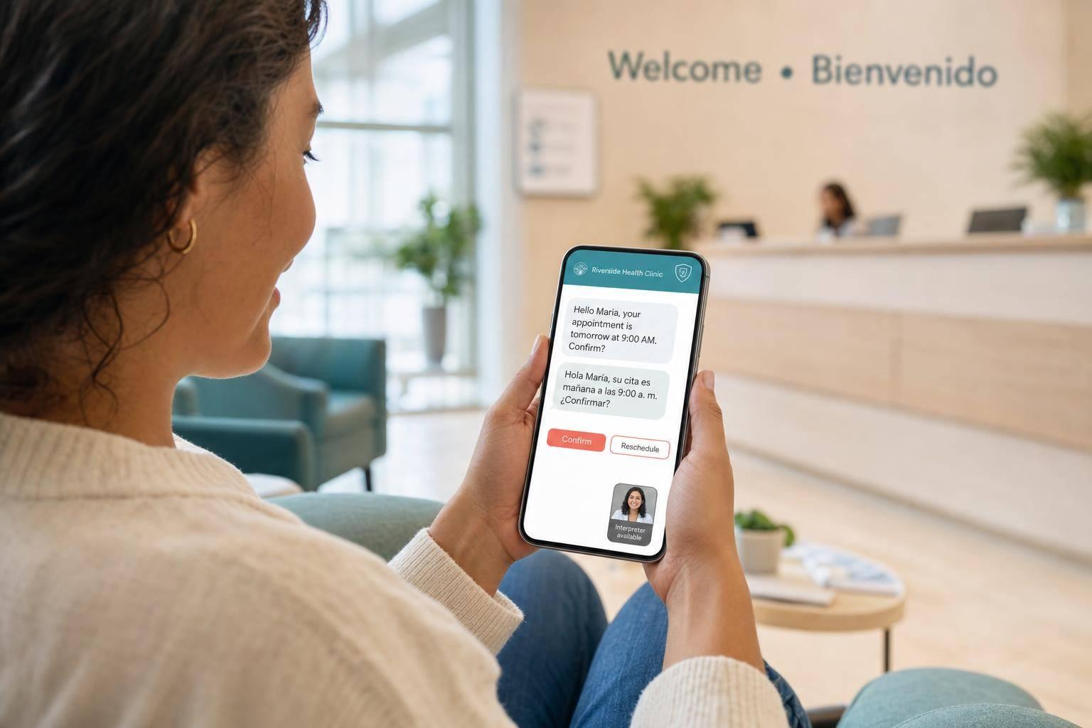 Nurse using patient engagement software to support an older patient and caregiver with compassionate, HIPAA-compliant care.