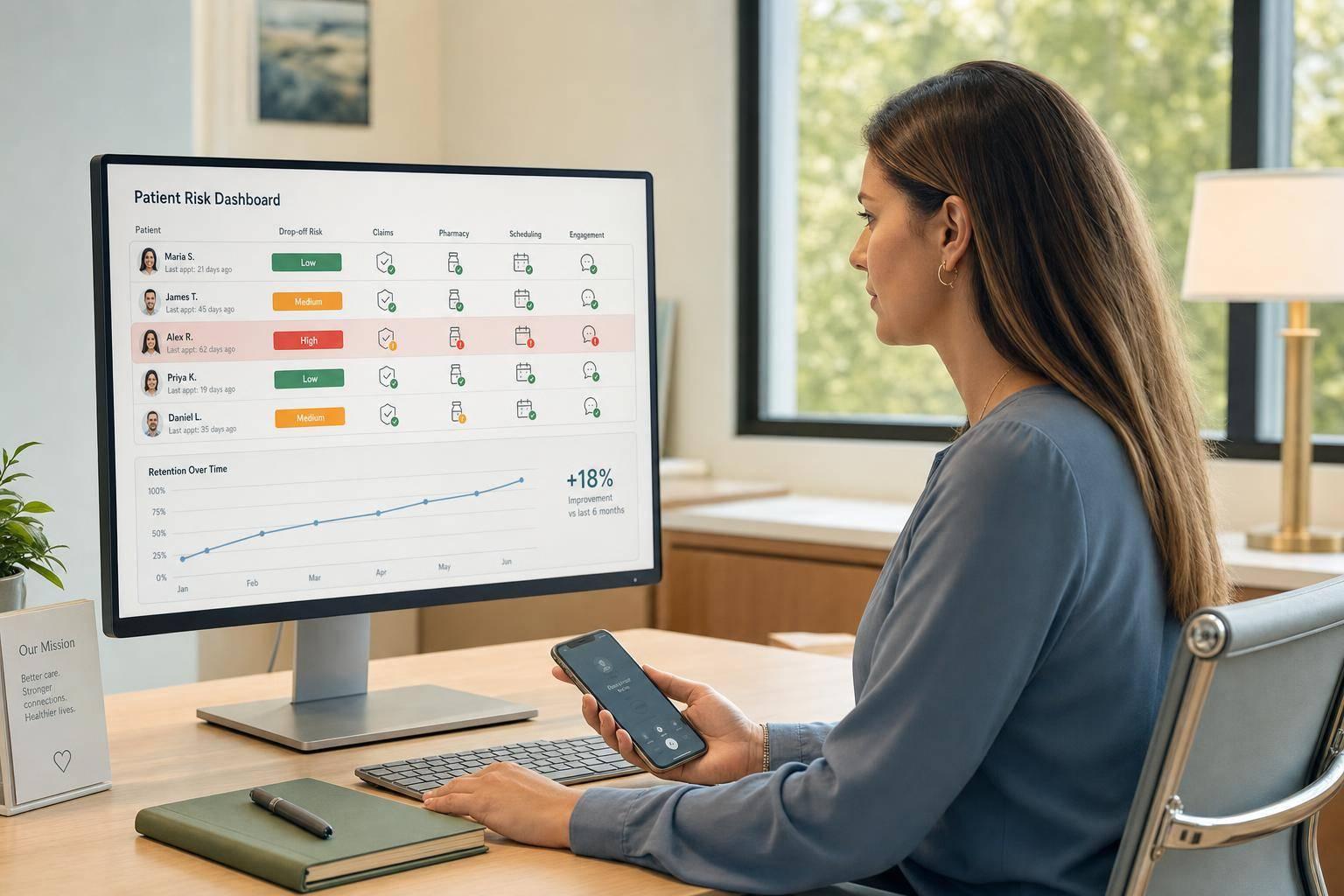 Nurse using patient engagement software to support an older patient and caregiver with compassionate, HIPAA-compliant care.