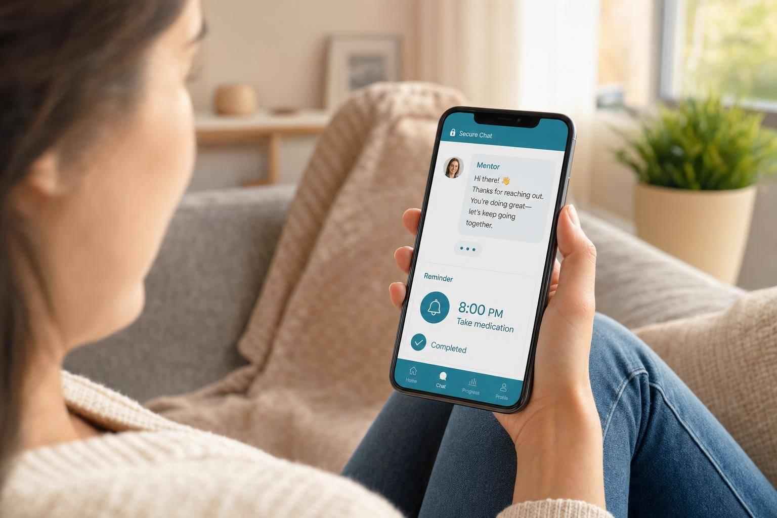 Nurse using patient engagement software to support an older patient and caregiver with compassionate, HIPAA-compliant care.