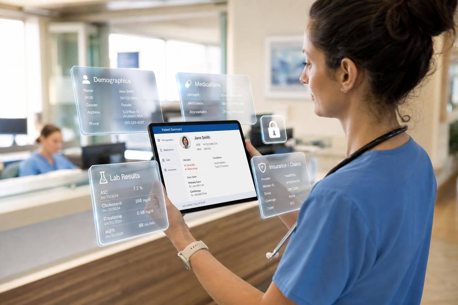 Nurse using patient engagement software to support an older patient and caregiver with compassionate, HIPAA-compliant care.