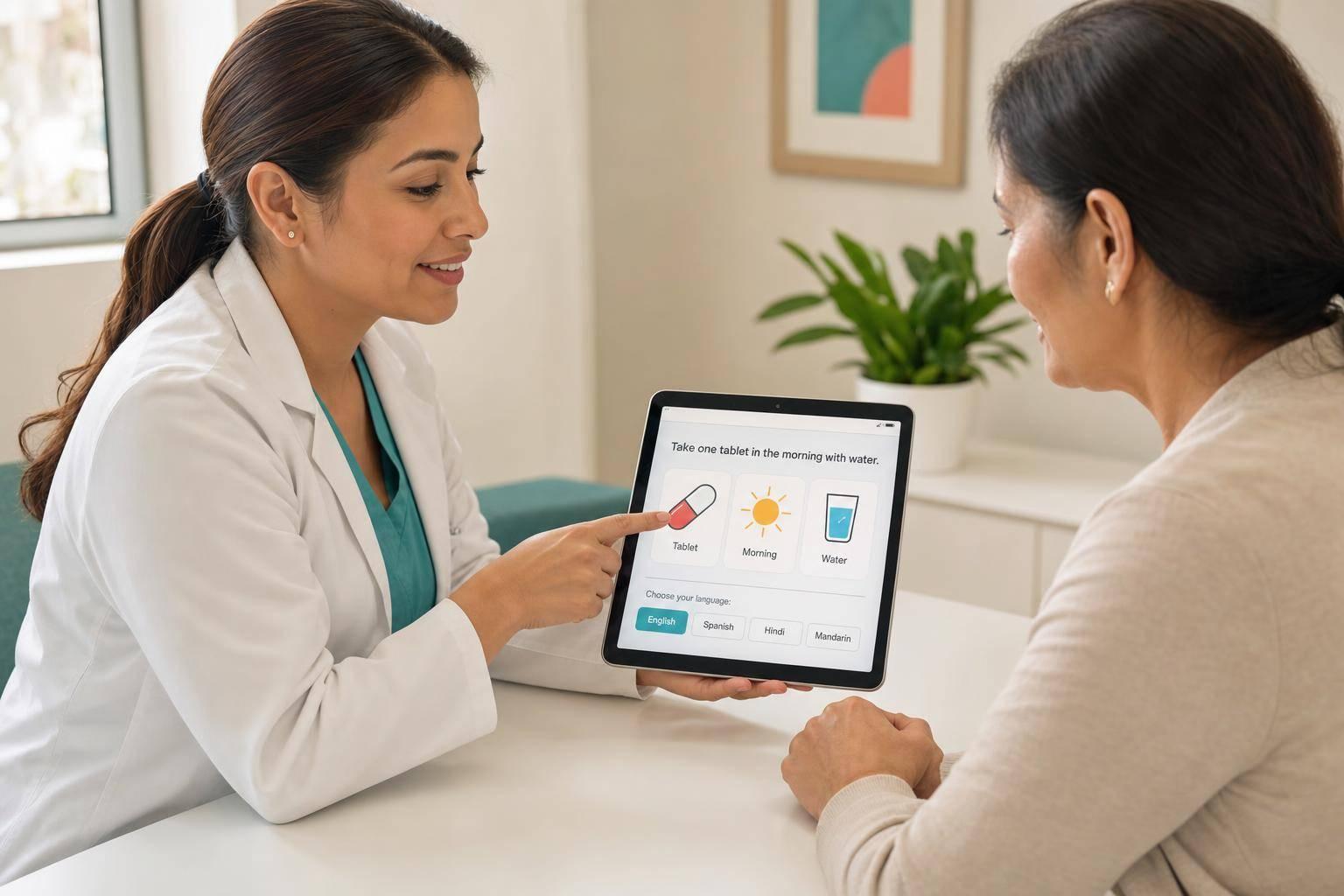Nurse using patient engagement software to support an older patient and caregiver with compassionate, HIPAA-compliant care.