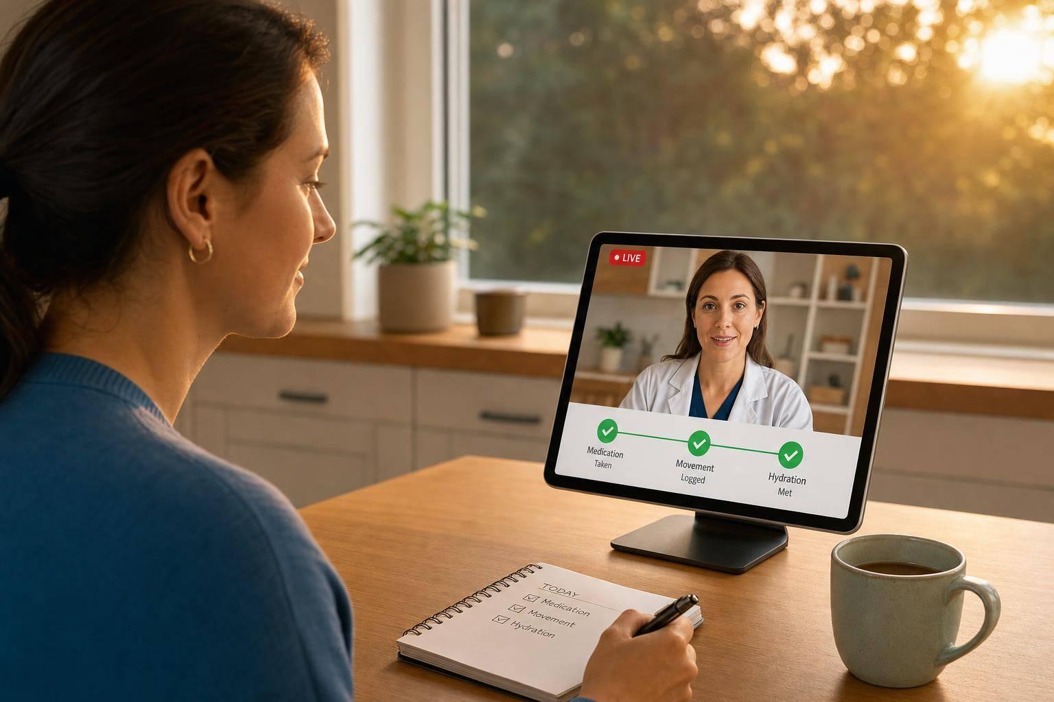 Nurse using patient engagement software to support an older patient and caregiver with compassionate, HIPAA-compliant care.