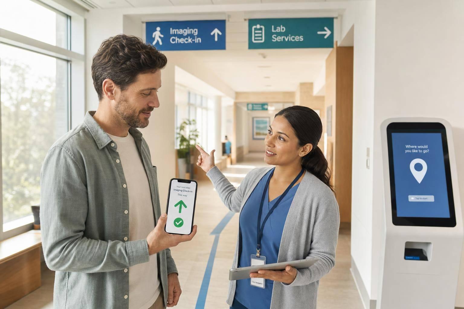 Nurse using patient engagement software to support an older patient and caregiver with compassionate, HIPAA-compliant care.