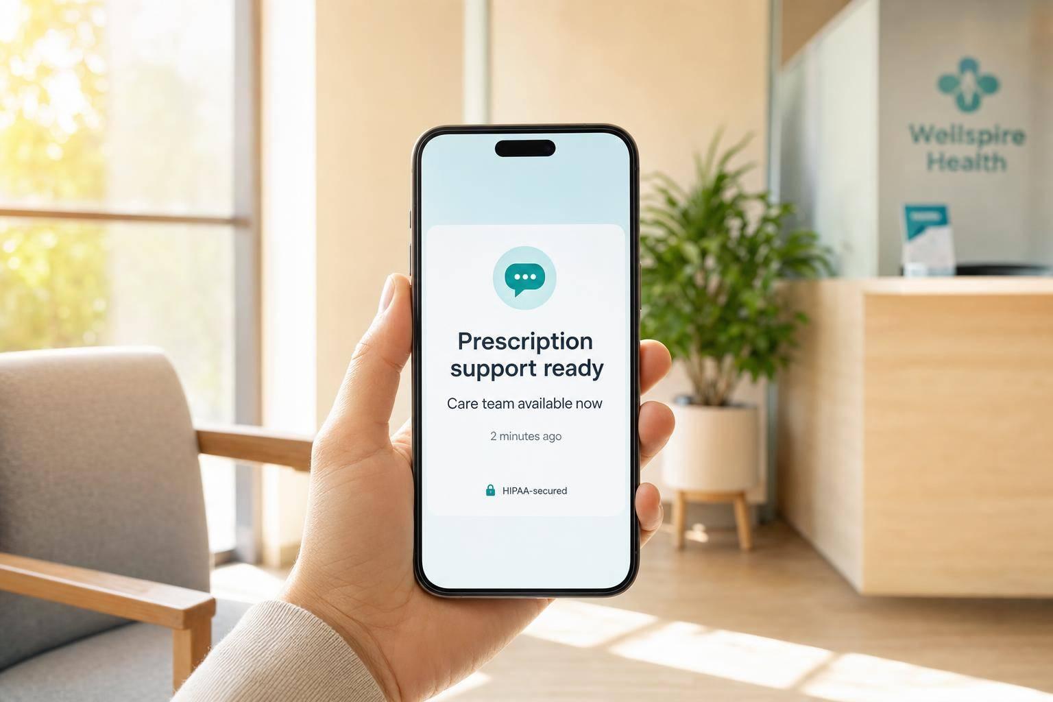 Nurse using patient engagement software to support an older patient and caregiver with compassionate, HIPAA-compliant care.