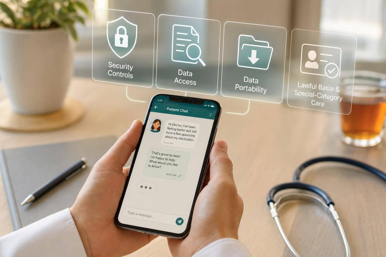 Nurse using patient engagement software to support an older patient and caregiver with compassionate, HIPAA-compliant care.