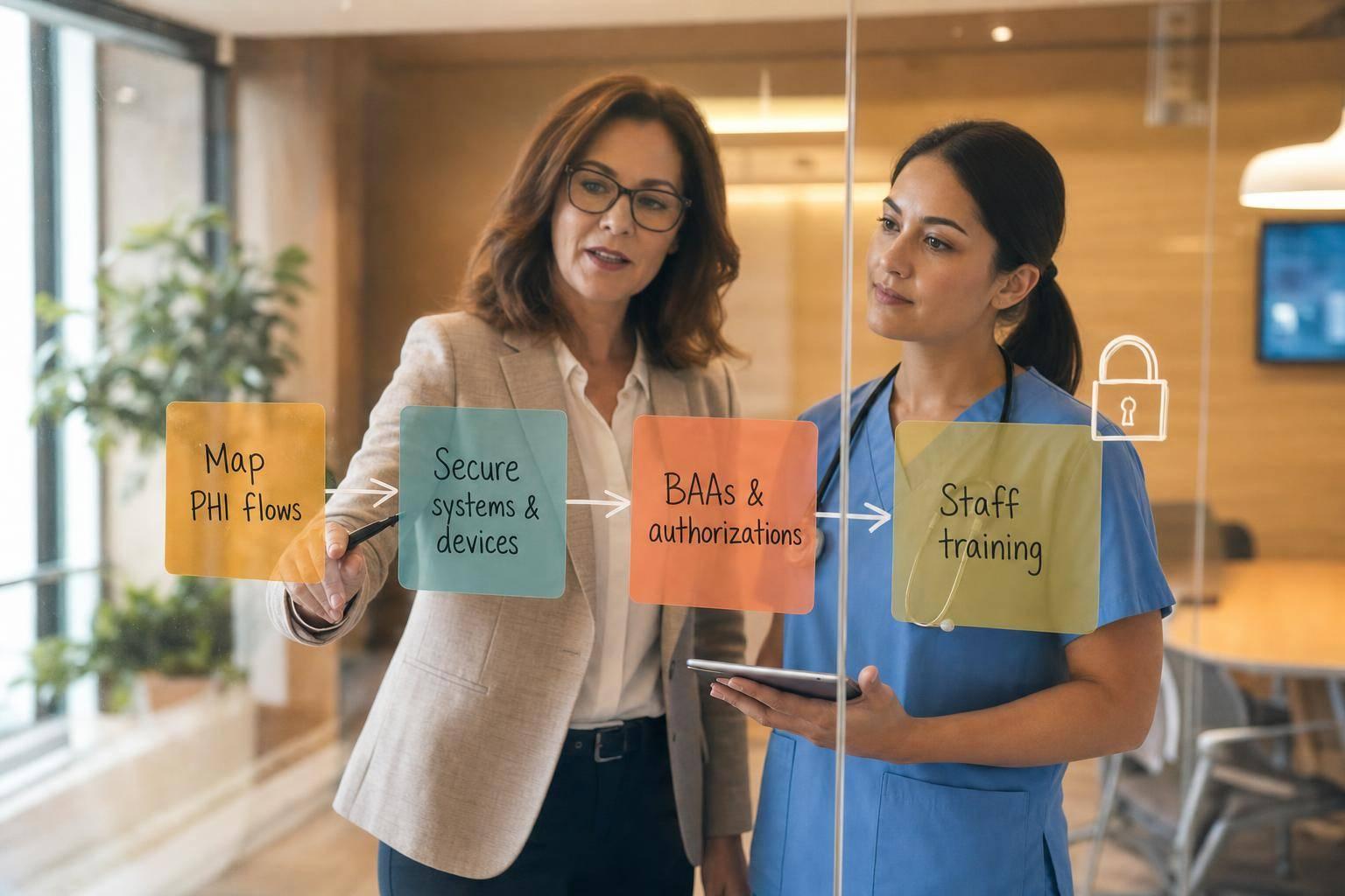 Nurse using patient engagement software to support an older patient and caregiver with compassionate, HIPAA-compliant care.