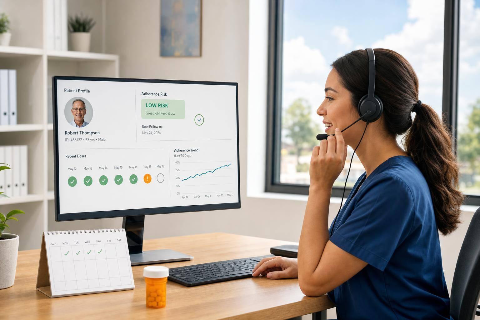 Nurse using patient engagement software to support an older patient and caregiver with compassionate, HIPAA-compliant care.