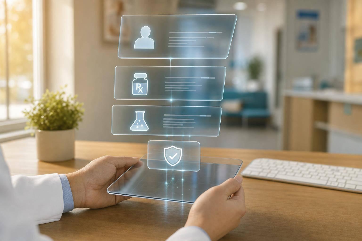 Nurse using patient engagement software to support an older patient and caregiver with compassionate, HIPAA-compliant care.