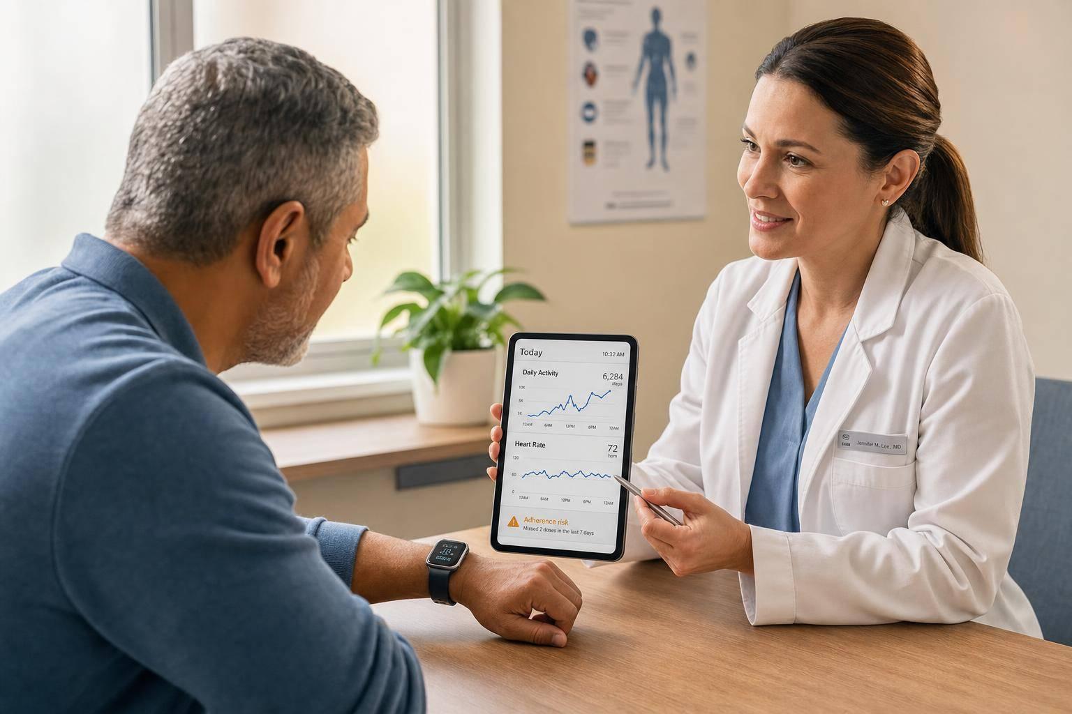 Nurse using patient engagement software to support an older patient and caregiver with compassionate, HIPAA-compliant care.