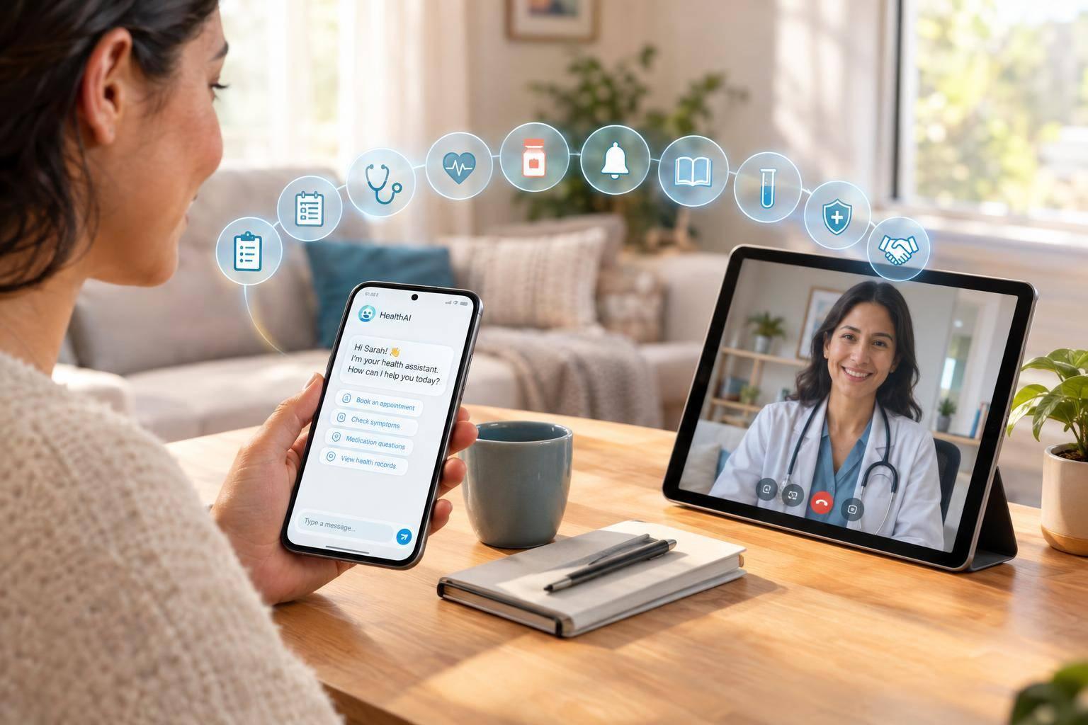 Nurse using patient engagement software to support an older patient and caregiver with compassionate, HIPAA-compliant care.
