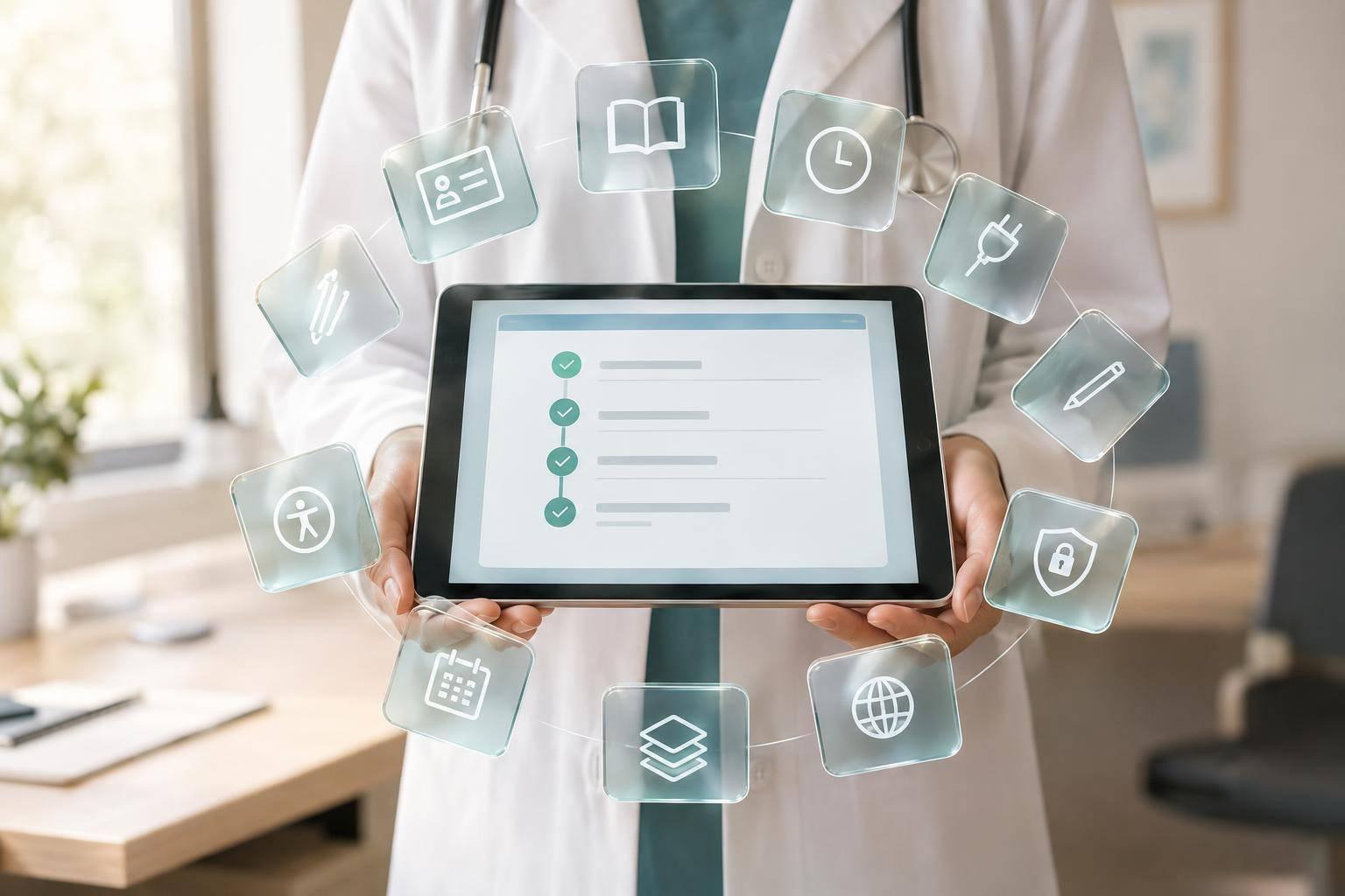 Nurse using patient engagement software to support an older patient and caregiver with compassionate, HIPAA-compliant care.