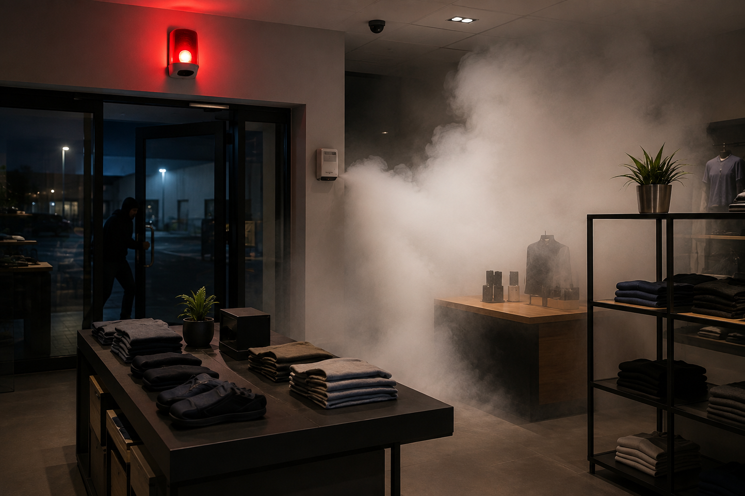 Générateur de brouillard et alarme intrusion dans un local professionnel