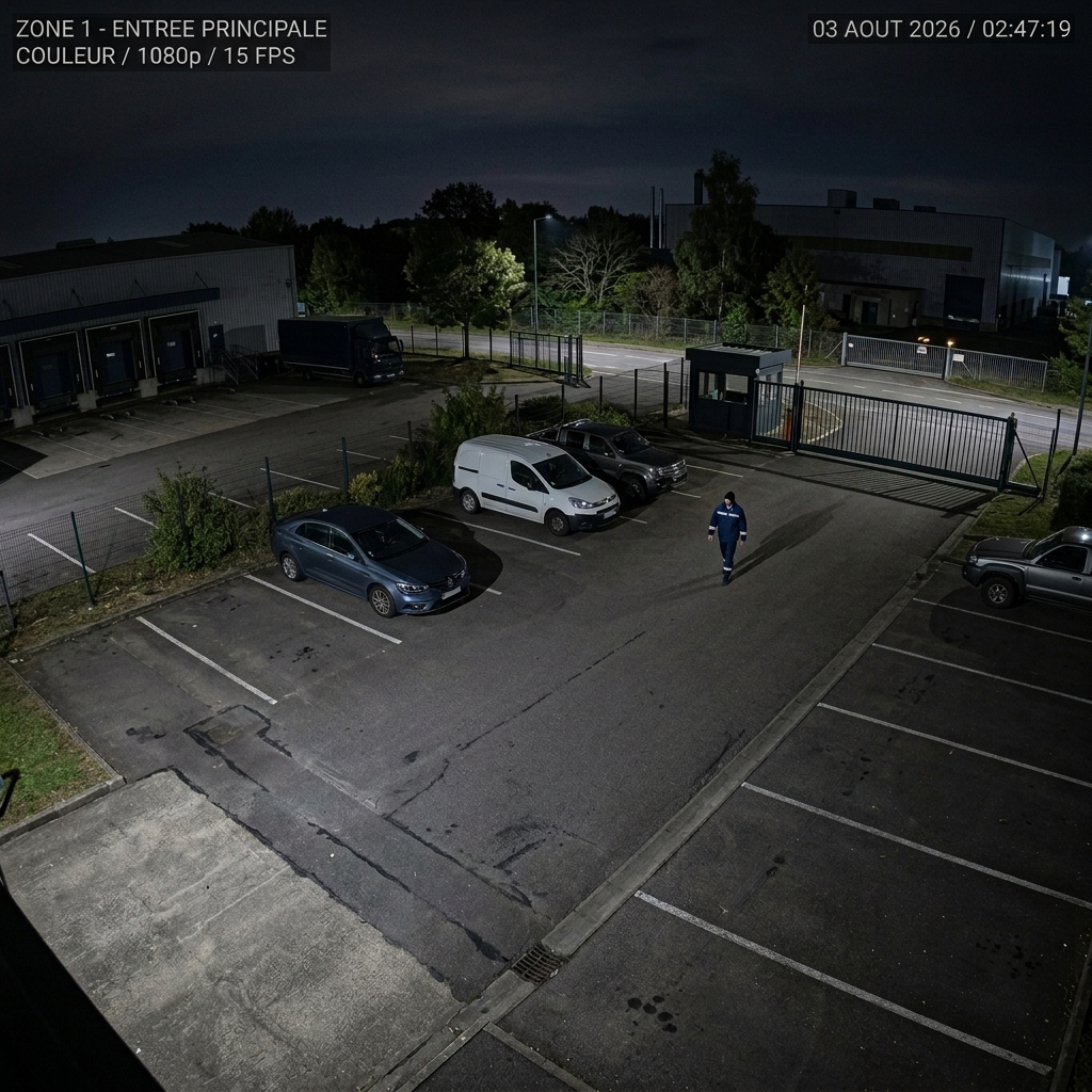 Vision nocturne en couleur d’une caméra de vidéosurveillance sur un site professionnel