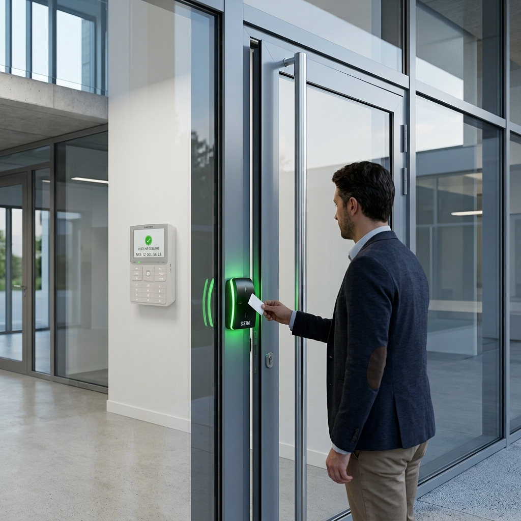 Collaborateur utilisant un badge pour ouvrir un accès et désarmer l’alarme de l’entrepris