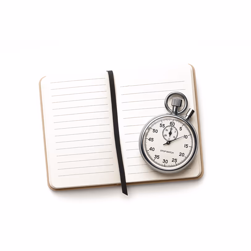 Stopwatch on open notebook symbolizing last-minute yacht charter expertise.