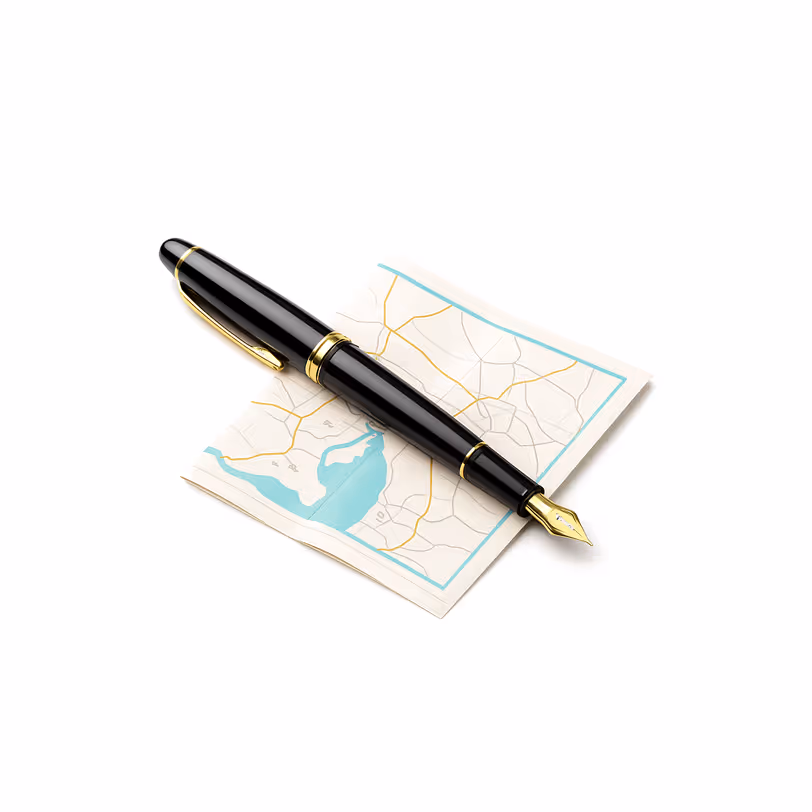 Luxury pen on folded map representing tailored yacht charter itineraries.
