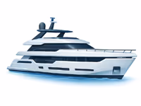 White luxury motor yacht on calm water with multiple decks and railings.