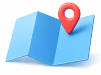 Blue folded map with a red location pin on it.