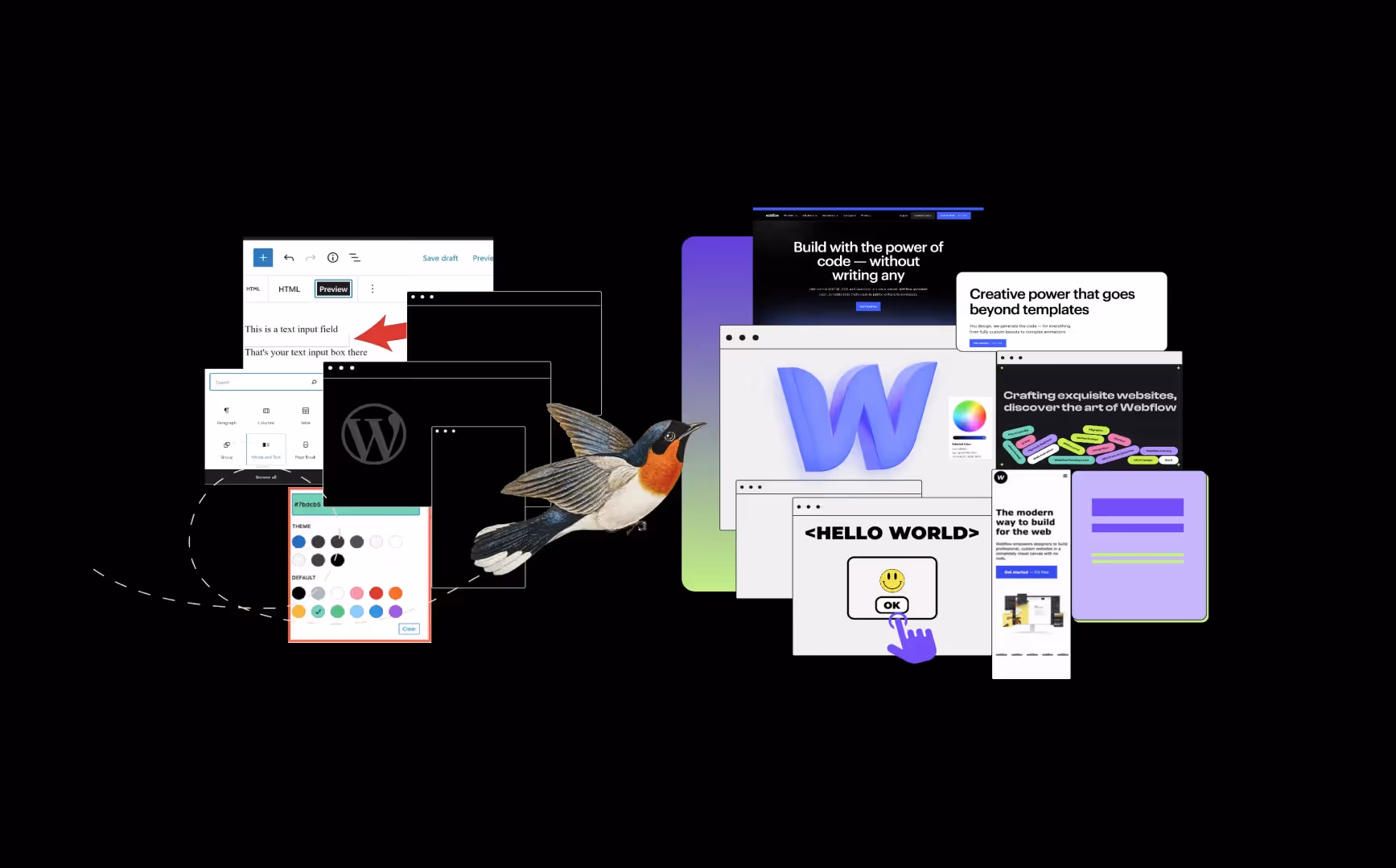 Illustration of the migration process from WordPress to Webflow, highlighting benefits such as speed and design freedom