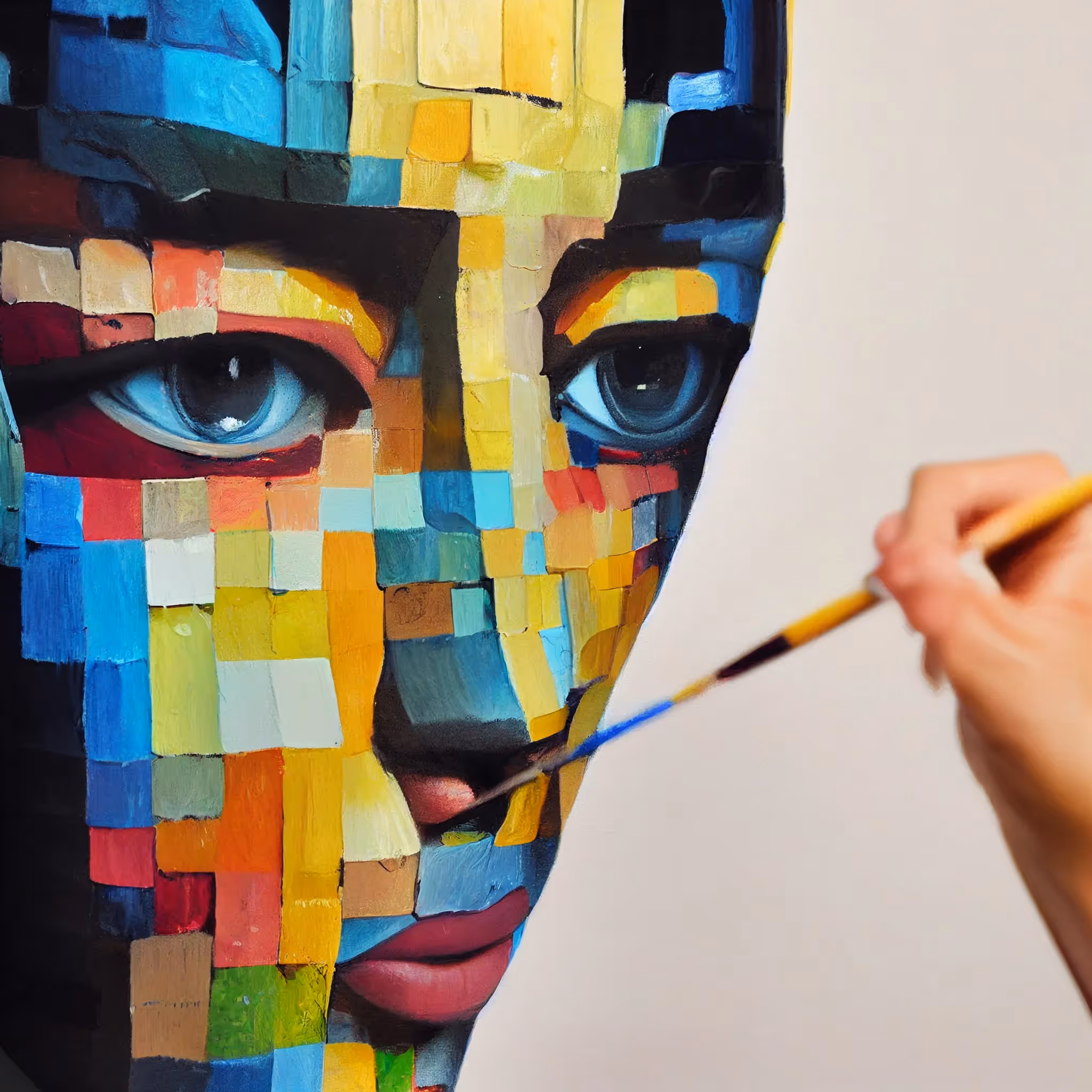 AI-generated artwork with abstract shapes, soft colors, and a face-like pattern