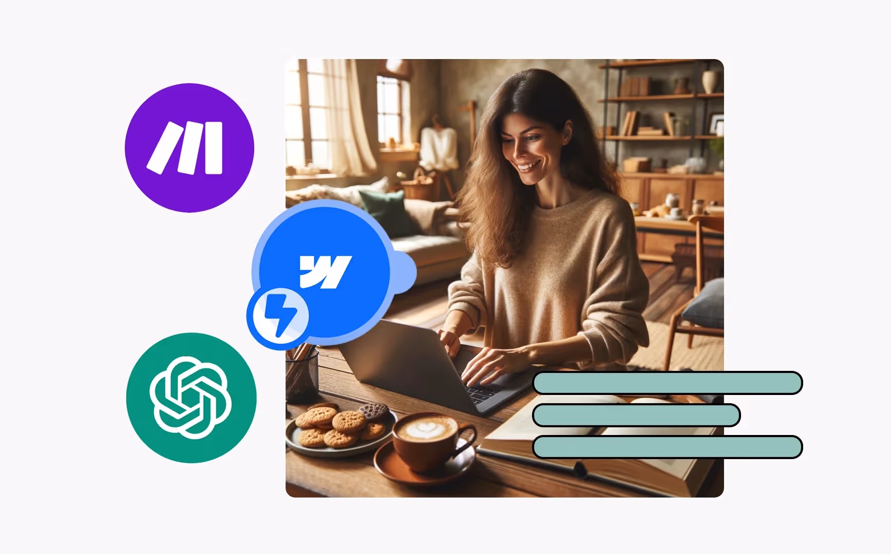 En kvinde der smiler og bruger en bærbar computer ved et træbord, omgivet af en kaffekopp, kager, bøger og et hyggeligt siddeområde. Logoer for Make, Webflow og OpenAI er vist