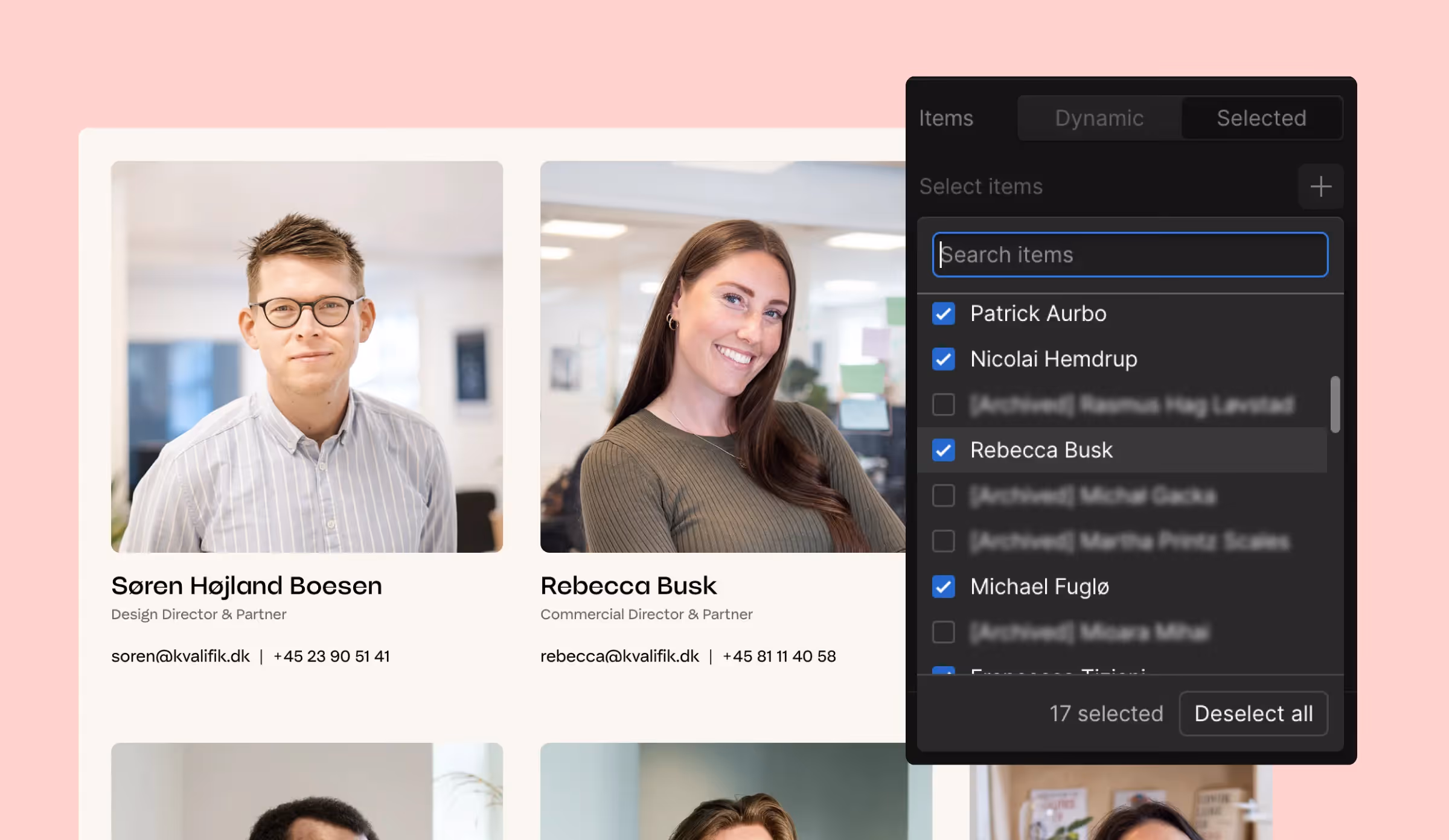  Webflow collection list of team member profiles with a CMS item selection panel.