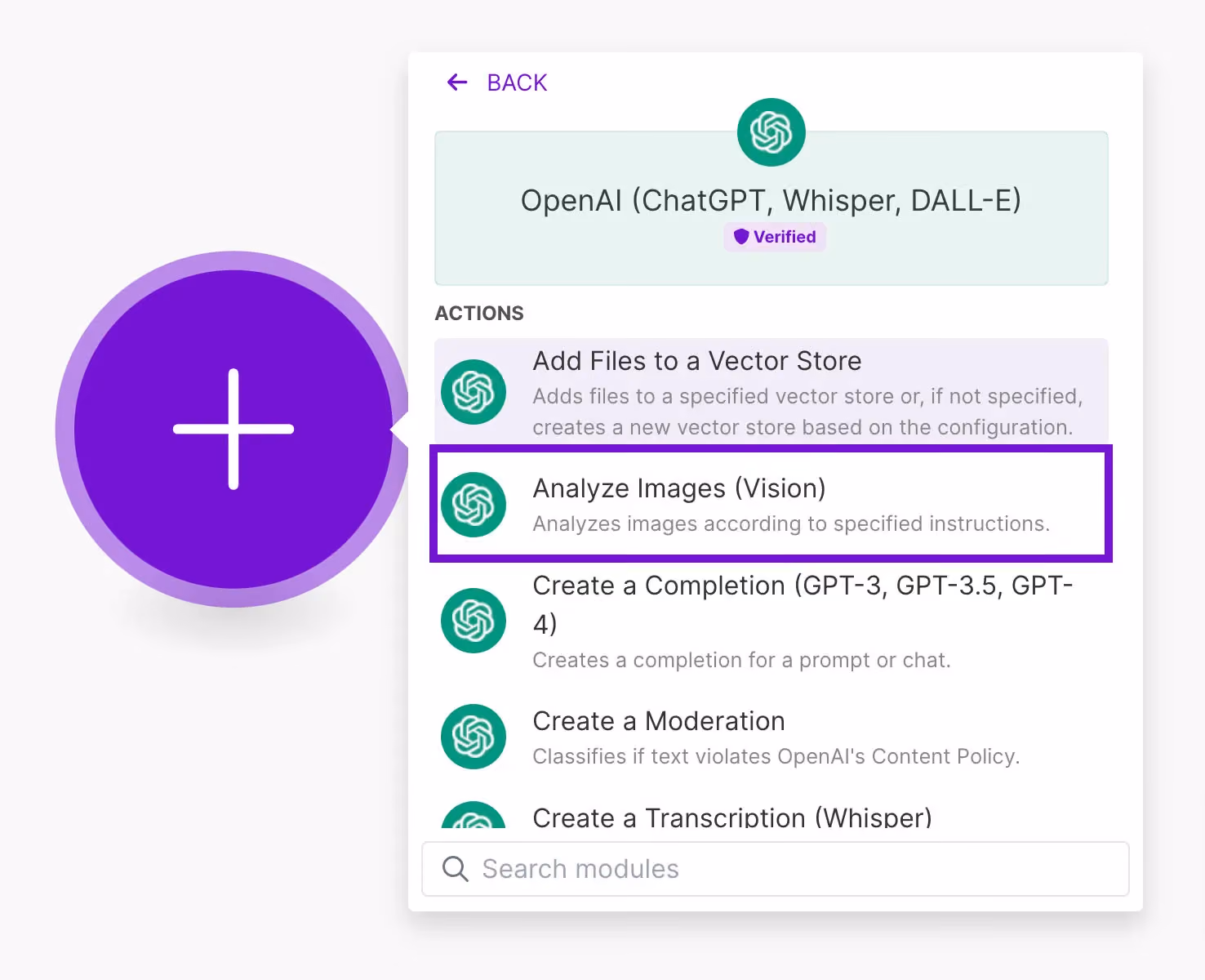 OpenAI-modul i Make.com med Analyze Images (Vision) som handling