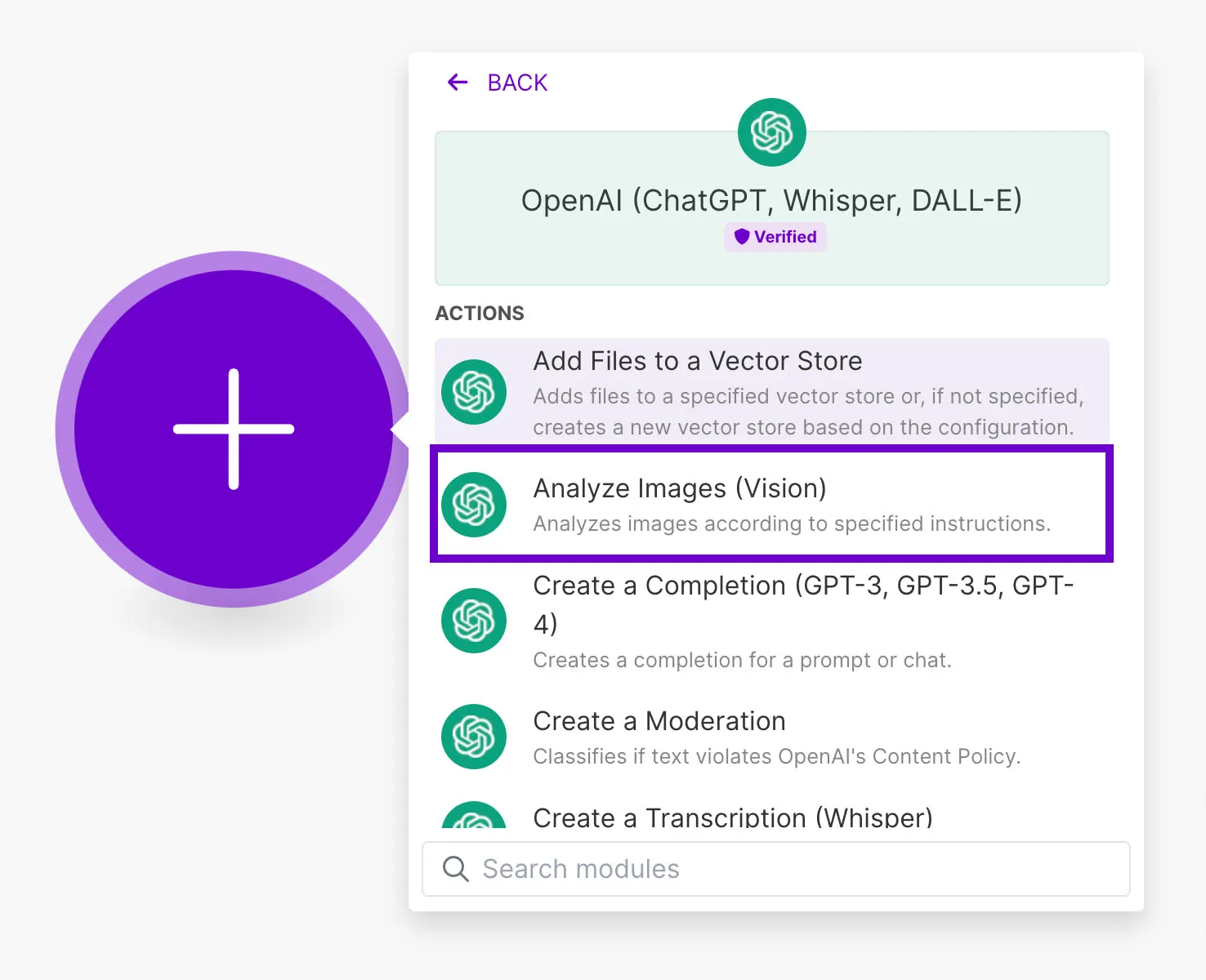OpenAI-modul i Make.com med Analyze Images (Vision) som handling