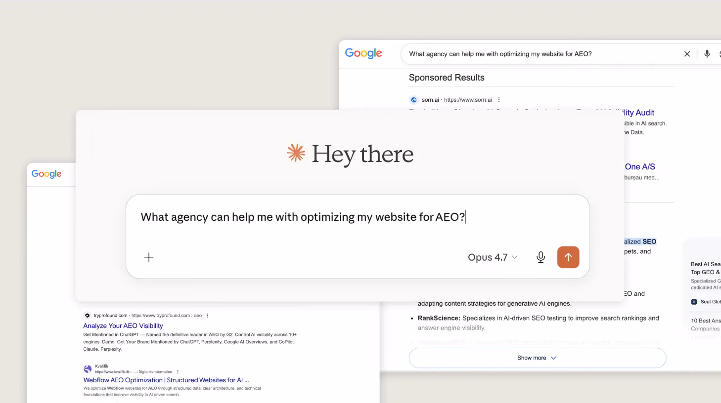 Screenshots of Claude Chat interface asking what agencies can help with AEO optimization for website and also screenshots fog Google AI overview and Google search results