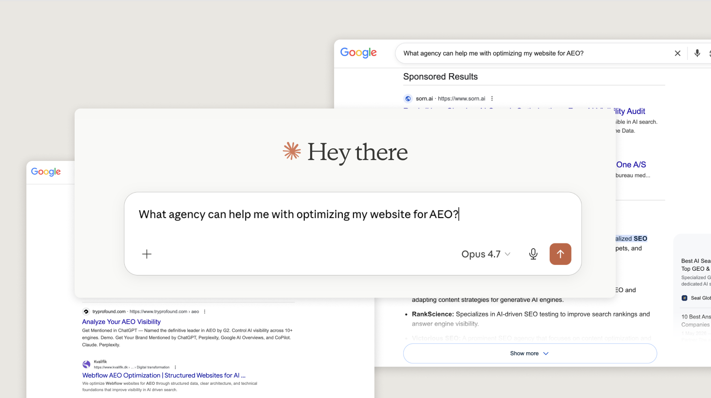 Screenshots of Claude Chat interface asking what agencies can help with AEO optimization for website and also screenshots fog Google AI overview and Google search results