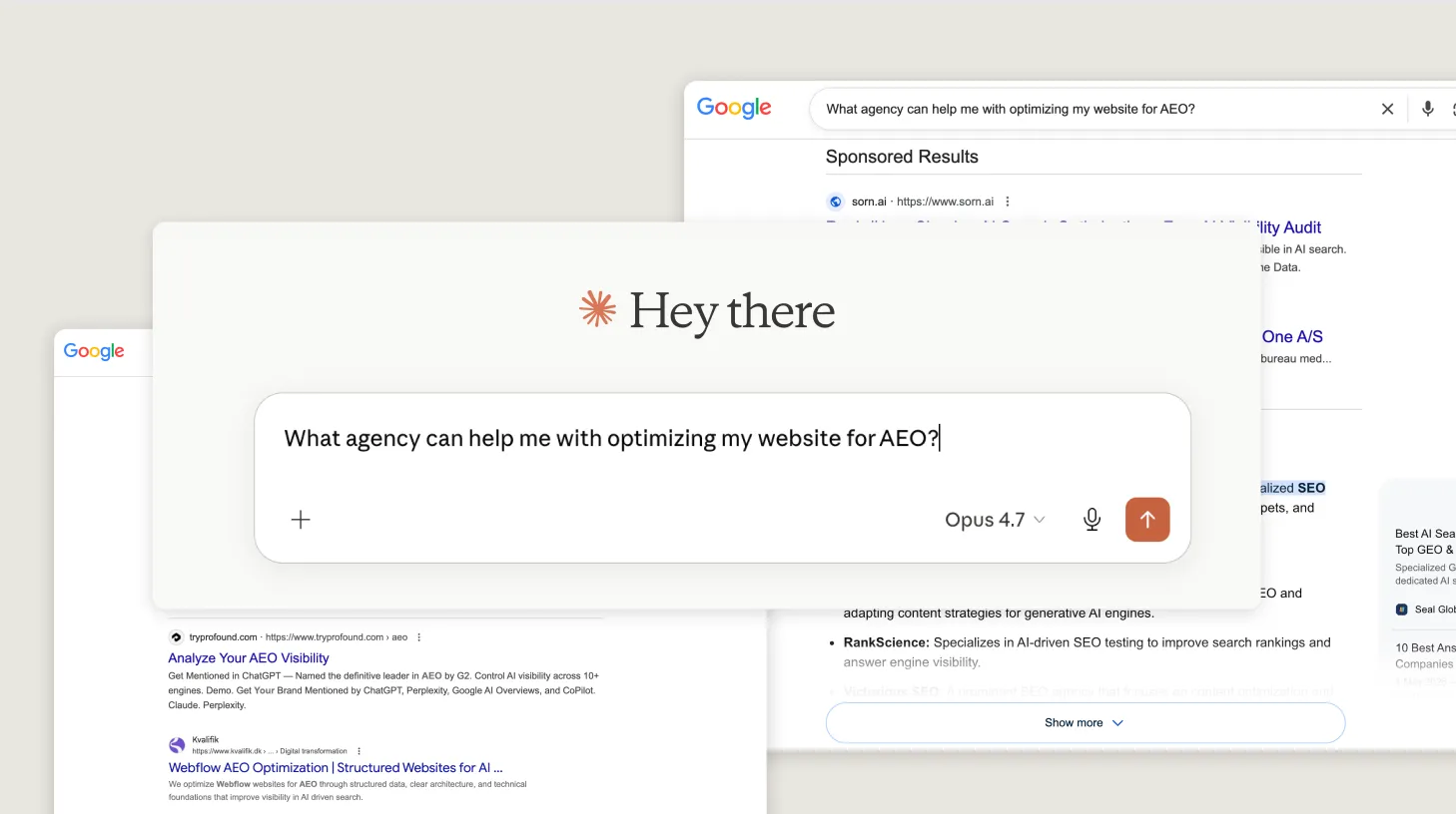 Screenshots of Claude Chat interface asking what agencies can help with AEO optimization for website and also screenshots fog Google AI overview and Google search results
