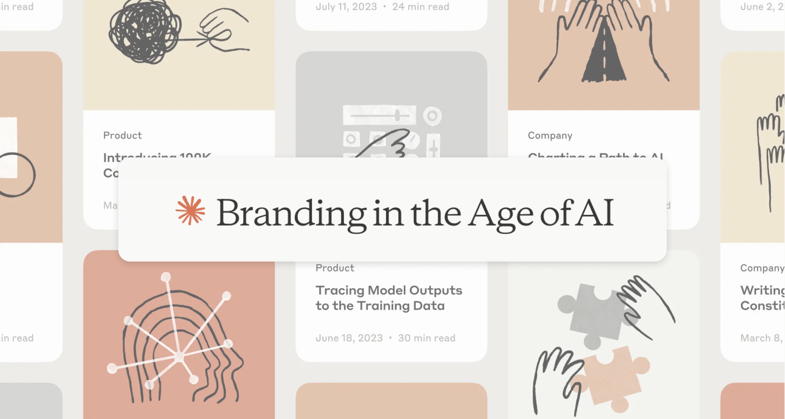 Text reading 'Branding in the Age of AI' over a background of illustrated cards with AI-related themes.