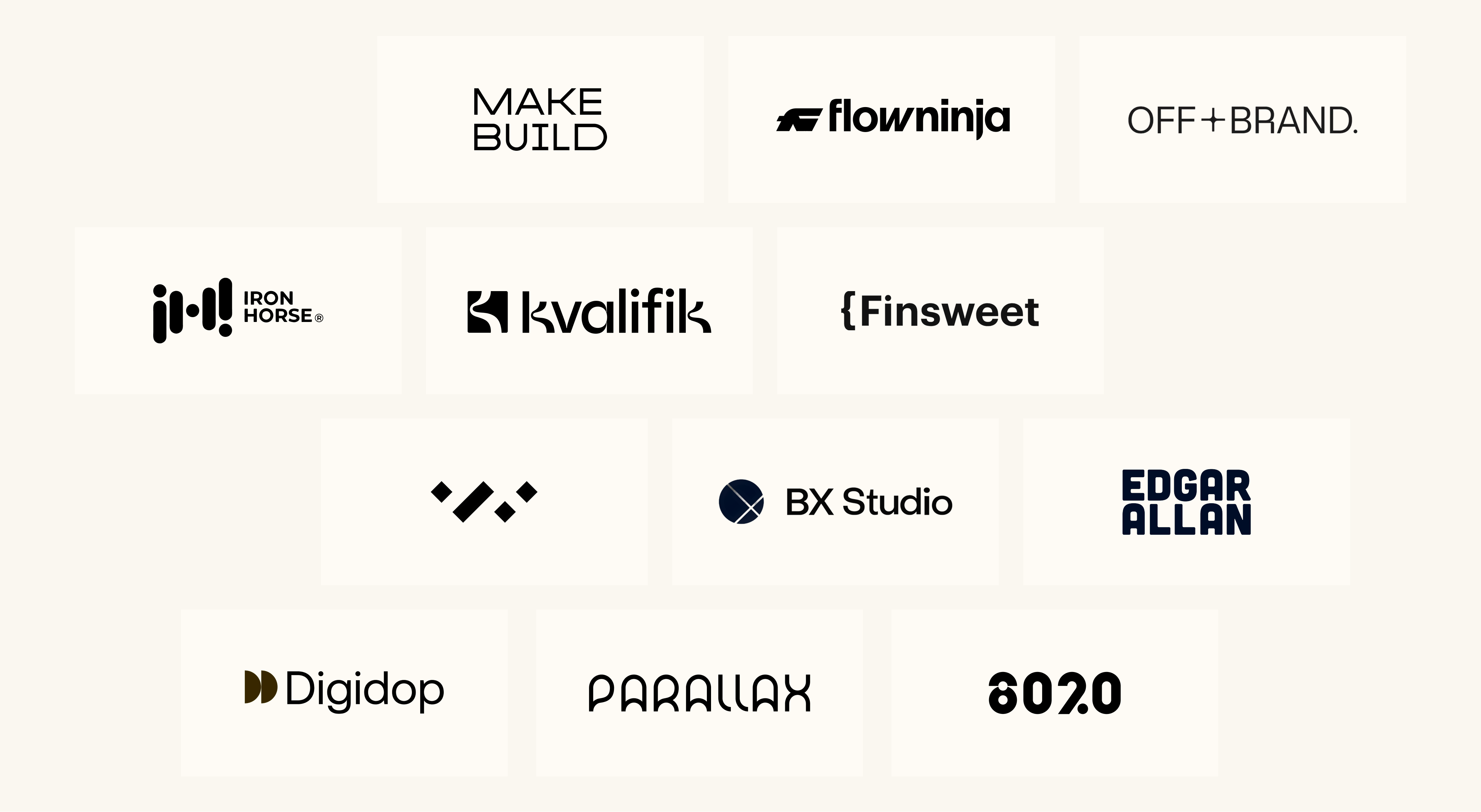 Logos of Webflow agencies and partners, including Edgar Allan, Parallax, BX Studio, Kvalifik, Flow Ninja, OFF+BRAND, MakeBuild, Iron Horse, Digidop, 8020, Finsweet and Whiteboard.