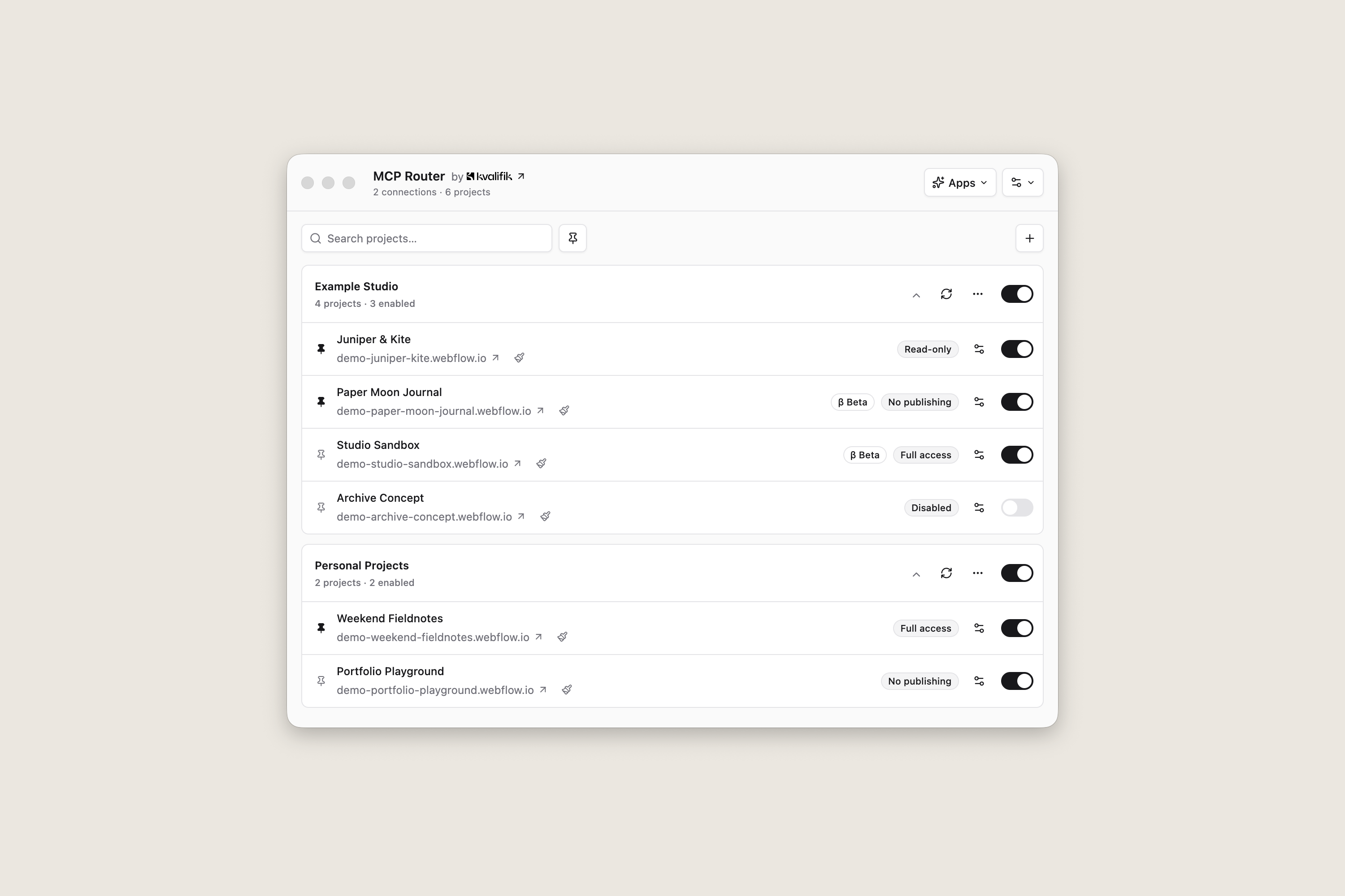 MCP Router med to Webflow-forbindelser og seks fiktive projekter med forskellige adgangsrettigheder.