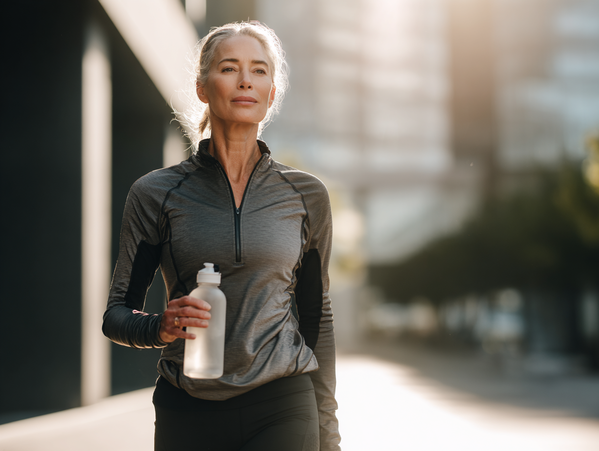 Fit older woman in performance gear holding water bottle outdoors, symbolizing metabolic optimization and GLP-1 therapy benefits