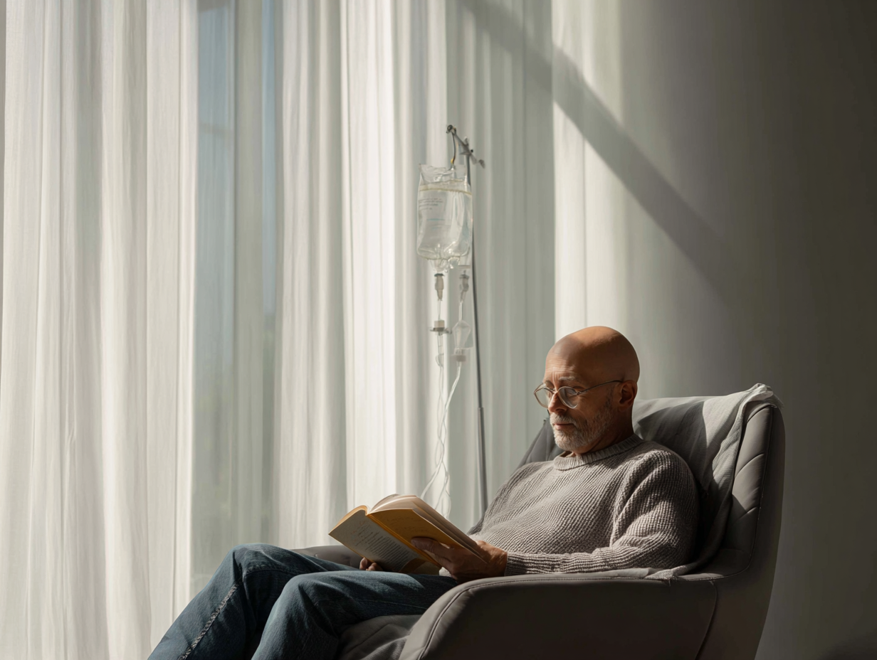 Mature man seated during IV drip, symbolizing NAD+ cellular rejuvenation, energy support, and longevity therapy