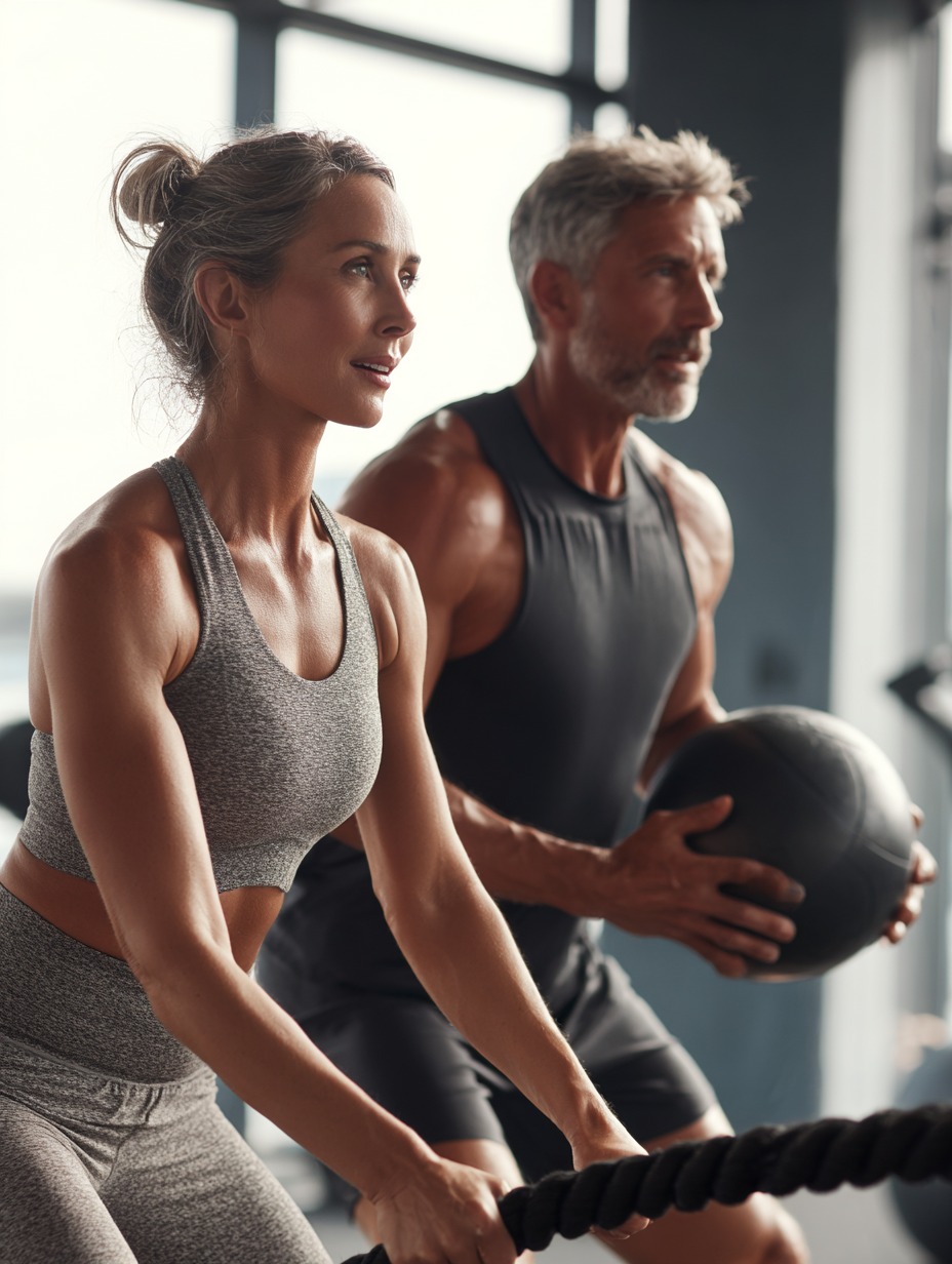Fit middle-aged couple engaged in gym training, embodying performance and vitality optimization