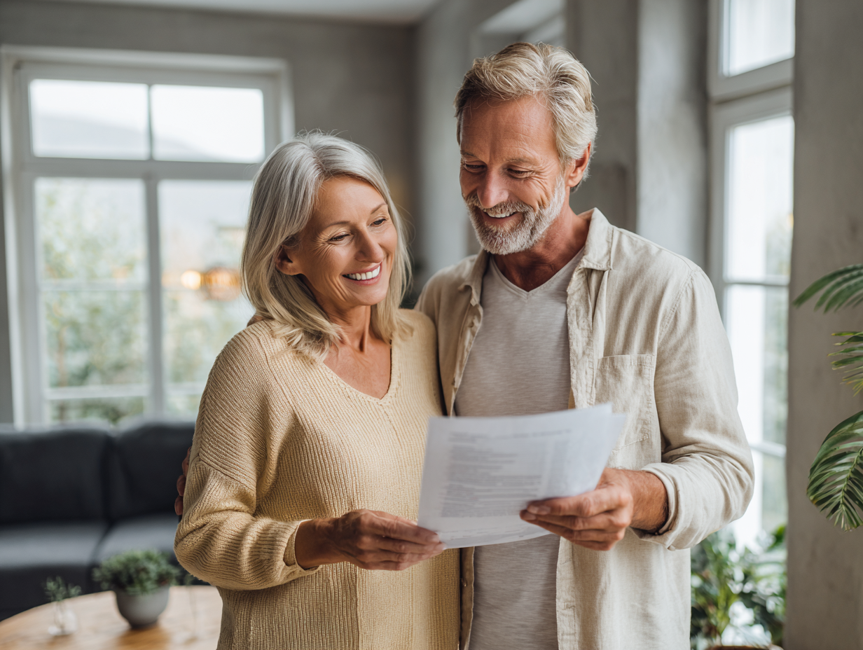 Smiling older couple standing together reviewing IV NAD+ therapy paperwork in a bright modern living room setting