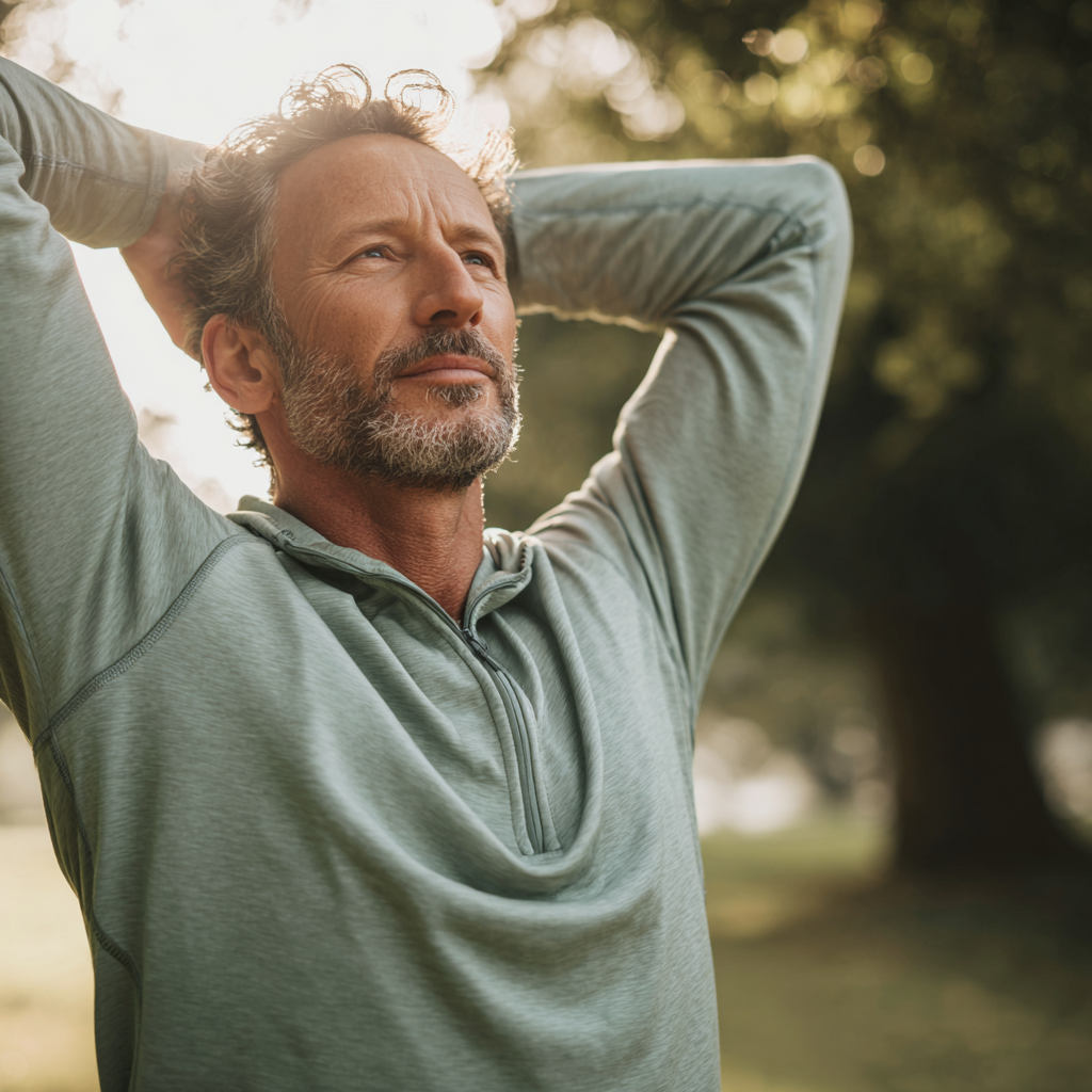 Middle-aged man in green hoodie relaxing outdoors, representing ideal candidates for NAD+ IV therapy and healthy aging