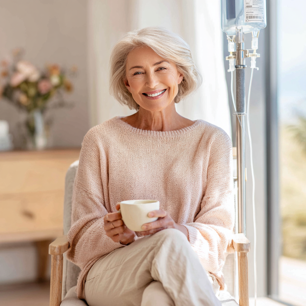Smiling older woman sitting with an IV drip in a sunlit room, representing the benefits of IV NAD+ therapy at a premium wellness clinic