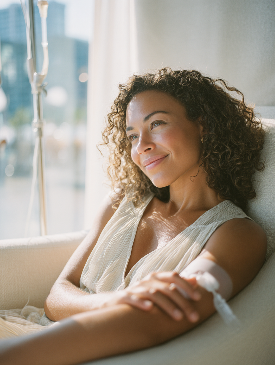 Smiling woman seated on a couch with IV catheter on her arm, , representing safety during NAD+ IV therapy under medical supervision.