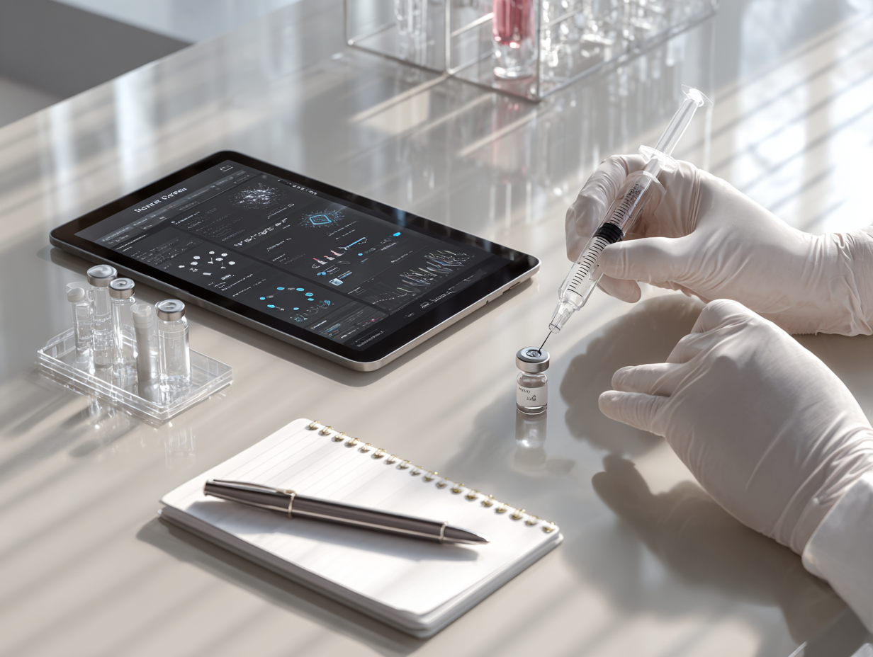 Clinical workspace with tablet and peptide vials, symbolizing science-backed synergistic peptide protocols